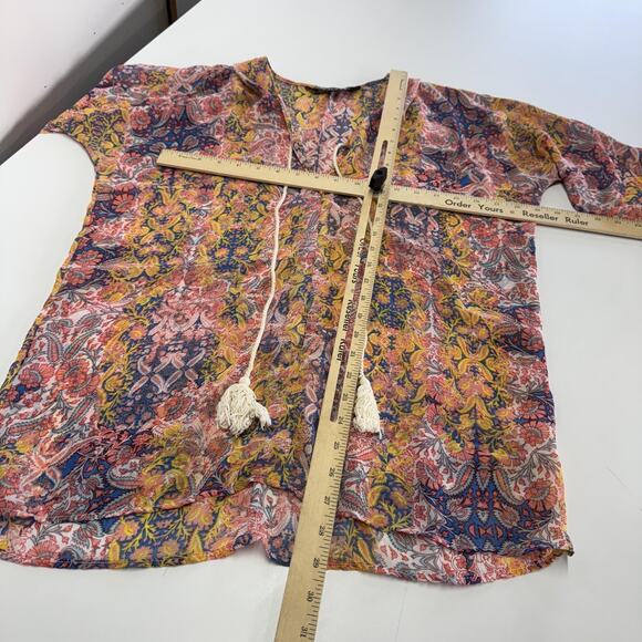 Single Los Angeles Tunic Womens XS Sheer Boho Floral Tassel Blouse Top - Picture 7 of 8
